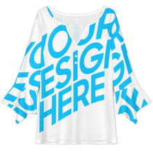Cargar imagen en el visor de la galería, Tops de mujer Camiseta con botones y cuello en V con mangas de pétalos 3/4 VJK personalizado con patrón foto texto (impresión de imagen única)