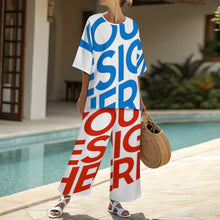 Cargar imagen en el visor de la galería, Conjunto para mujer compuesto por una camisa de cuello redondo con mangas murciélago y un pantalón ancho con cinturilla elástica YKL04 personalizado con patrón foto texto (impresión de imagen única)