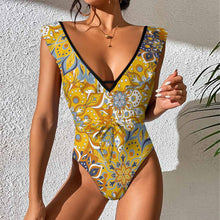Cargar imagen en el visor de la galería, 2024 NUEVO traje de baño para mujer SDS2003 traje de baño sexy de una pieza traje de baño de playa con cuello en V con ribete de volantes personalizado con patrón foto texto (impresión de imagen única)