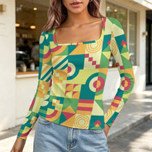 Cargar imagen en el visor de la galería, Women's Square Neck Long Sleeved Shirt Green, Puzzle, Abstract Pattern