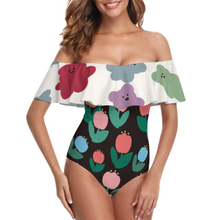 Cargar imagen en el visor de la galería, Traje de baño de una pieza con volantes y hombros descubiertos OFF SHOULDER para mujer 294328 personalizado con patrón foto texto (Impresión Completa de múltiples imágenes)