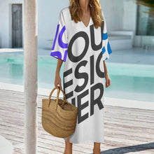 Cargar imagen en el visor de la galería, Bata de baño de manga corta con cuello en V estilo mediterráneo para mujer YKL06personalizado con patrón foto texto (impresión de imágenes múltiples)