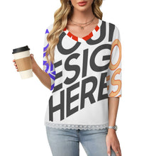 Cargar imagen en el visor de la galería, Camiseta de manga media con escote en V y ribete de encaje Mujer SDS2513 Personalizadas con Foto Logo Patrón Texto (impresión de imágenes múltiples)