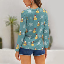 Cargar imagen en el visor de la galería, Women's Long Sleeve Shirt Merry Christmas Santa Duck Snowflake Blue
