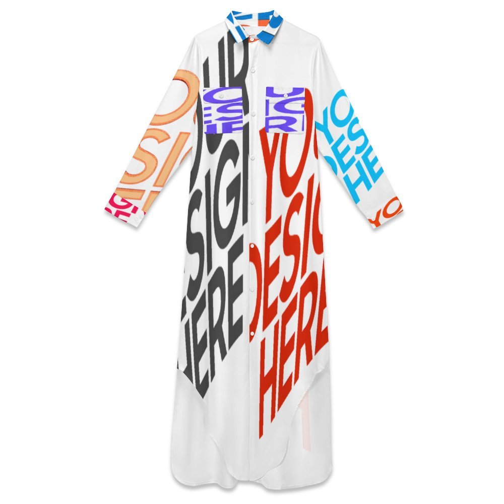 Vestido camisero largo de manga larga para mujer B9S personalizado con patrón foto texto (impresión de imágenes múltiples)