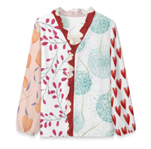 Cargar imagen en el visor de la galería, Blusa de manga larga con escote en V y ribetes de volantes para mujer A1S personalizado con patrón foto texto (impresión de imágenes múltiples)