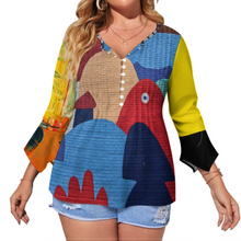 Cargar imagen en el visor de la galería, Camisa de mujer de manga larga SDS20150 con diez botones y mangas de pétalos con volantes personalizado con patrón foto texto (impresión de imágenes múltiples)