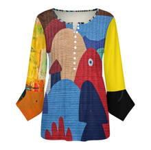 Cargar imagen en el visor de la galería, Camisa de mujer de manga larga SDS20150 con diez botones y mangas de pétalos con volantes personalizado con patrón foto texto (impresión de imágenes múltiples)