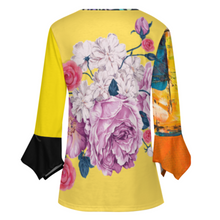 Cargar imagen en el visor de la galería, Camisa de mujer de manga larga SDS20150 con diez botones y mangas de pétalos con volantes personalizado con patrón foto texto (impresión de imágenes múltiples)