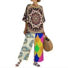 Cargar imagen en el visor de la galería, Conjunto de mujer YKL04 de camisa de cuello redondo con mangas murciélago y pantalón ancho con cintura elástica personalizado con patrón foto texto (impresión de imágenes múltiples)