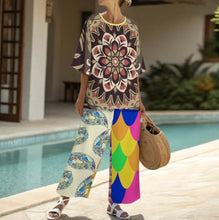 Cargar imagen en el visor de la galería, Conjunto de mujer YKL04 de camisa de cuello redondo con mangas murciélago y pantalón ancho con cintura elástica personalizado con patrón foto texto (impresión de imágenes múltiples)