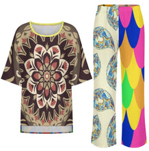 Cargar imagen en el visor de la galería, Conjunto de mujer YKL04 de camisa de cuello redondo con mangas murciélago y pantalón ancho con cintura elástica personalizado con patrón foto texto (impresión de imágenes múltiples)