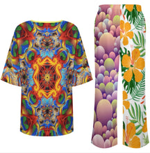 Cargar imagen en el visor de la galería, Conjunto de mujer YKL04 de camisa de cuello redondo con mangas murciélago y pantalón ancho con cintura elástica personalizado con patrón foto texto (impresión de imágenes múltiples)