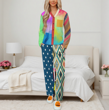 Cargar imagen en el visor de la galería, Conjunto de pijama de manga larga con cuello en V para mujer B99TZ personalizado con nombre y texto (diseño de varias imágenes)