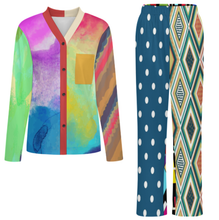 Cargar imagen en el visor de la galería, Conjunto de pijama de manga larga con cuello en V para mujer B99TZ personalizado con nombre y texto (diseño de varias imágenes)
