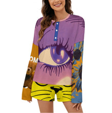 Cargar imagen en el visor de la galería, Conjunto de pijama de 2 piezas para mujer 203 camiseta manga larga abotonada + pantalón corto personalizado con patrón foto texto (impresión de imágenes múltiples)
