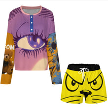 Cargar imagen en el visor de la galería, Conjunto de pijama de 2 piezas para mujer 203 camiseta manga larga abotonada + pantalón corto personalizado con patrón foto texto (impresión de imágenes múltiples)