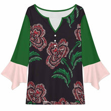 Cargar imagen en el visor de la galería, Tops de mujer Camiseta con botones y cuello en V con mangas de pétalos 3/4 VJK personalizado con patrón foto texto (impresión de imagen única)