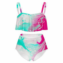 Cargar imagen en el visor de la galería, Traje de baño para mujer MSYX464 Trajes de baño de dos piezas Top con volantes y parte inferior de cintura alta Conjunto de bikini personalizado con patrón foto texto