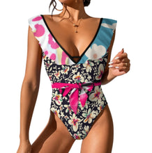 Cargar imagen en el visor de la galería, Novedad de 2024 Traje de baño de una pieza para mujer SDS2003 traje de baño con volantes y cuello en V personalizado con patrón foto texto (impresión de imágenes múltiples)