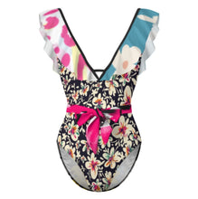 Cargar imagen en el visor de la galería, Novedad de 2024 Traje de baño de una pieza para mujer SDS2003 traje de baño con volantes y cuello en V personalizado con patrón foto texto (impresión de imágenes múltiples)