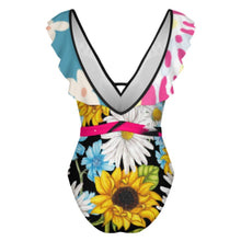 Cargar imagen en el visor de la galería, Novedad de 2024 Traje de baño de una pieza para mujer SDS2003 traje de baño con volantes y cuello en V personalizado con patrón foto texto (impresión de imágenes múltiples)