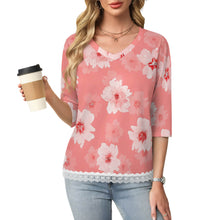 Cargar imagen en el visor de la galería, Camiseta de manga media con escote en V y ribete de encaje Mujer SDS2513 Personalizadas con Impresión Completa de una imagen con Foto Logo Patrón Texto