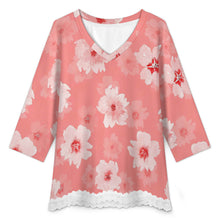 Cargar imagen en el visor de la galería, Camiseta de manga media con escote en V y ribete de encaje Mujer SDS2513 Personalizadas con Impresión Completa de una imagen con Foto Logo Patrón Texto