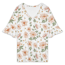 Cargar imagen en el visor de la galería, Camiseta de mujer con cuello en V y mangas de loto NT101 personalizado con patrón foto texto (impresión de imagen única)