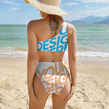 Cargar imagen en el visor de la galería, Conjunto de bikini sexy con bustier top de un hombro y braguita de bikini de cintura alta BK2078 personalizado con patrón foto texto (impresión de imágenes múltiples)