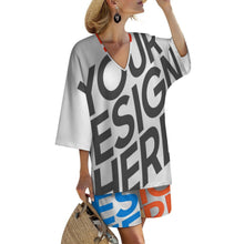 Cargar imagen en el visor de la galería, Conjunto de top con mangas murciélago cuello en V y pantalones cortos con cintura elástica para mujer YKL07 personalizado con patrón foto texto (impresión de imágenes múltiples)