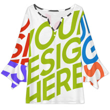 Cargar imagen en el visor de la galería, Blusa de manga de pétalo para mujer VJK Verano Manga 3/4 Casual Cuello en V Top personalizado con patrón foto texto (impresión de imágenes múltiples)