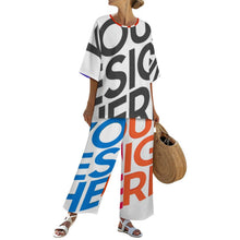 Cargar imagen en el visor de la galería, Conjunto de mujer YKL04 de camisa de cuello redondo con mangas murciélago y pantalón ancho con cintura elástica personalizado con patrón foto texto (impresión de imágenes múltiples)