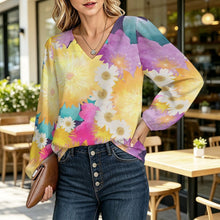 Cargar imagen en el visor de la galería, V-neck Lantern Long-sleeved Top Bright Flowers