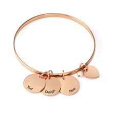 Cargar imagen en el visor de la galería, Pulsera / Bracelete con Colgantes Redondso y Corazón Grabados en Plata 925 / Cobre Chapado en Oro / Oro Rosa S0028 Personalizada Grabada con Texto Nombre