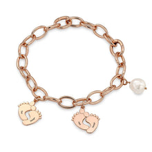Cargar imagen en el visor de la galería, Pulsera con Piecitos de Bebé y Perla S0029 Personalizada Grabada con Texto Nombre de Plata 925 / Cobre Chapado en Oro / Oro Rosa