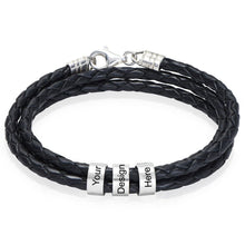 Cargar imagen en el visor de la galería, Pulsera de cuero negro triple de plata de ley 925 para mujer hombre S0008 Personalizada con texto nombre