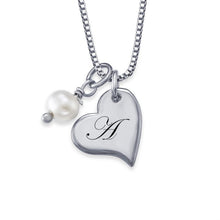 Cargar imagen en el visor de la galería, Collar de Plata 925 / Cobre con Colgante Grabado de Corazón y Perla para Mujer X0094 Personalizado con Texto Nombre