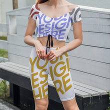 Cargar imagen en el visor de la galería, Conjunto de Top Deportivo Manga Corta y Pantalones Cortos para Yoga Ejercio Gimnasio para Mujer Y03 Personalizado con Impresión Completa de Múltiples Imágenes con Foto Logo Patrón Texto (Estilo 1)