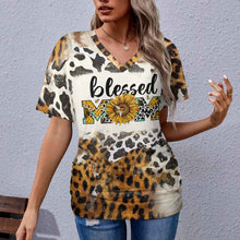 Cargar imagen en el visor de la galería, Camiseta Plisada Estampada de Moda de Manga Corta Cuello en V para Mujer BHT Personalizada Impresion Completa de Una Imagen con Foto Logo Patrón Texto