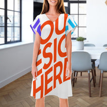 Cargar imagen en el visor de la galería, Vestido Cuello en V de Moda Manga Corta para mujer NZ2202046 Personalizado con Impresión Completa de múltiples imágenes con Foto Logo Patrón Texto