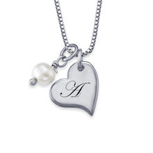 Cargar imagen en el visor de la galería, Collar de Plata 925 / Cobre con Colgante Grabado de Corazón y Perla para Mujer X0094 Personalizado con Texto Nombre
