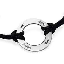 Cargar imagen en el visor de la galería, Pulsera de raso negro con anillo de plata de ley 925 para mujer hombre S0010 Personalizada Grabada con Texto Nombre