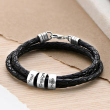 Cargar imagen en el visor de la galería, Pulsera de cuero negro triple de plata de ley 925 para mujer hombre S0008 Personalizada con texto nombre