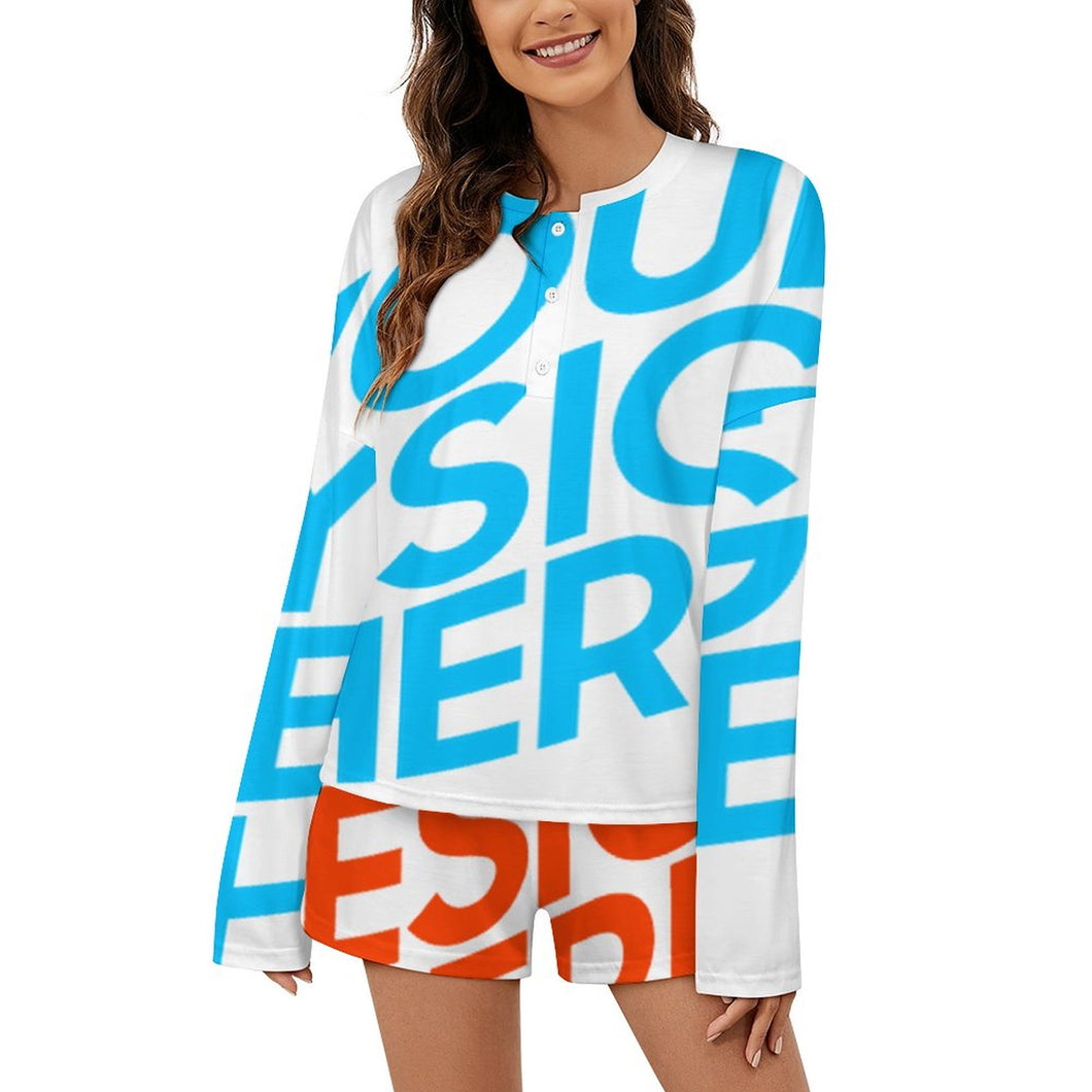 Conjunto de pijama de mujer 203 con top de manga larga abotonado y pantalón corto personalizado con patrón foto texto (impresión de imagen única)
