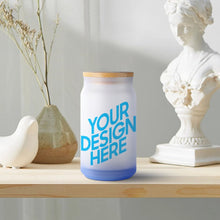 Cargar imagen en el visor de la galería, Vaso de Vidrio Esmerilado Vaso para Beber Vaso de Cerveza con Tapa de Madera para té, hielo, soda, café JJ0520152 Personalizado con impresión completa de una imagen con Foto Logo Patrón Texto