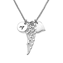 Cargar imagen en el visor de la galería, Collar de Ala Ángel Corazon Disco de Plata de Ley 925 / Cobre X0027 Grabado Personalizado con Texto Nombre