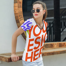 Cargar imagen en el visor de la galería, Camiseta de moda suave cuello en V manga corta para mujer T01 Personalizada con Impresión Completa de múltiples imágenes con Foto Logo Patrón Texto