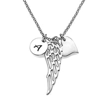 Cargar imagen en el visor de la galería, Collar de Ala Ángel Corazon Disco de Plata de Ley 925 / Cobre X0027 Grabado Personalizado con Texto Nombre