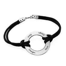 Cargar imagen en el visor de la galería, Pulsera de raso negro con anillo de plata de ley 925 para mujer hombre S0010 Personalizada Grabada con Texto Nombre